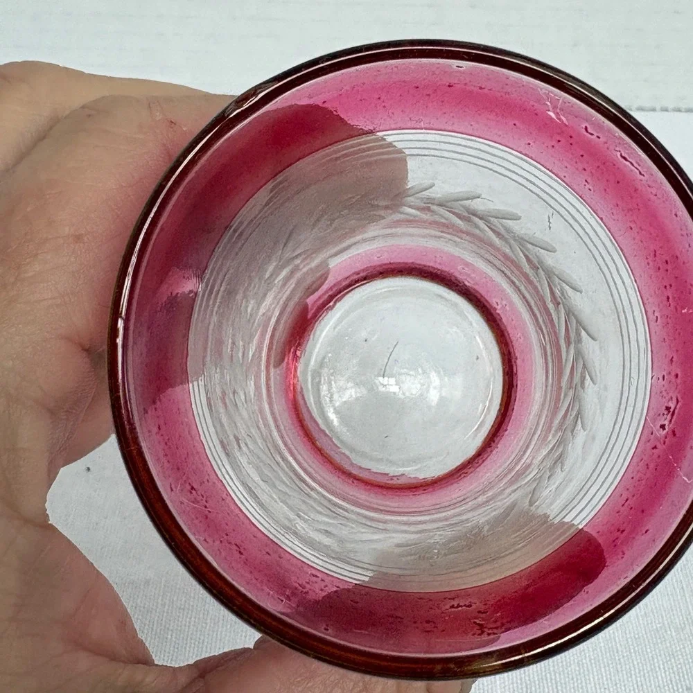 Vintage Cranberry Flashed Glass Shot Glasses Set‎ of 2 Etched Leaf Wheat Pattern